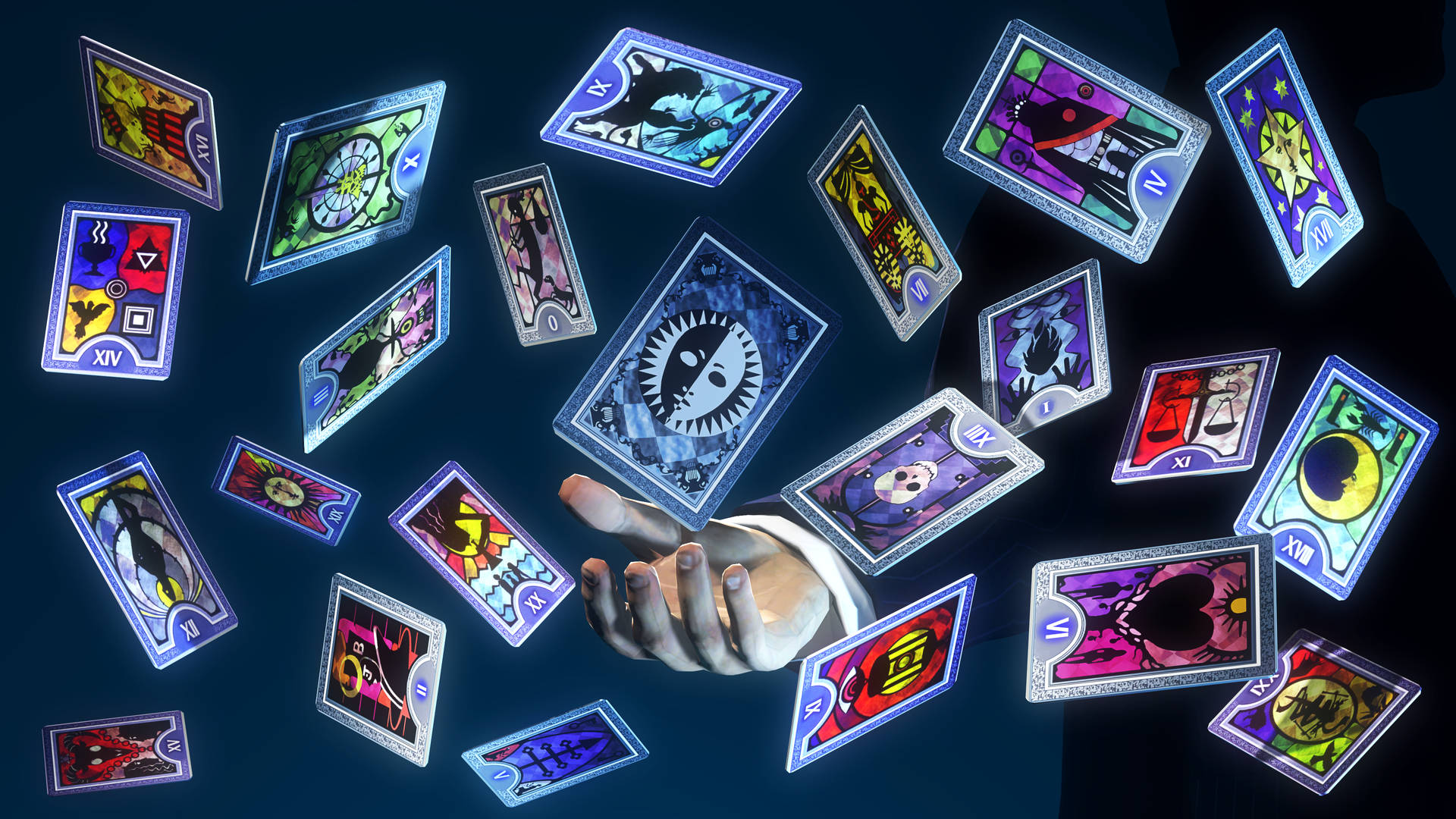 A Hand With Cards Flying Around It Background