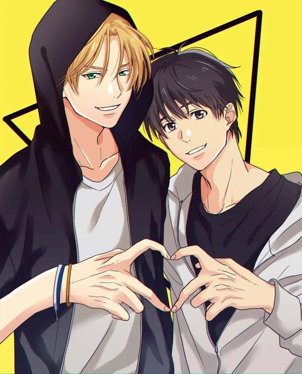 A Happy Lgbt+ Anime Couple Embracing Each Other With Love Background