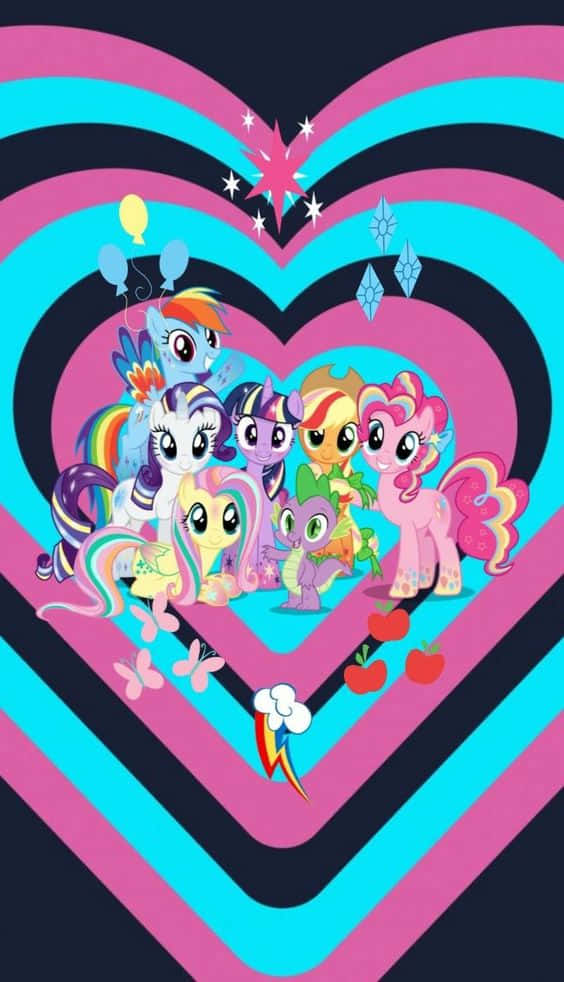 A Heart Shaped Heart With Many Little Pony Characters Background
