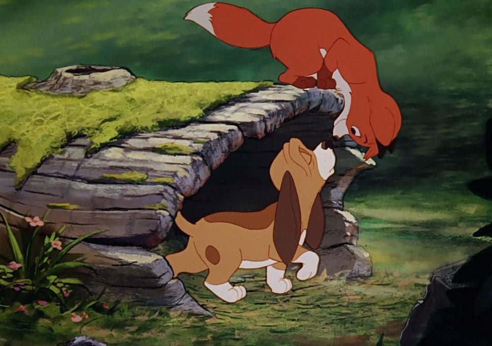 A Heartwarming Moment Between Tod And Copper In Disney's The Fox And The Hound Background