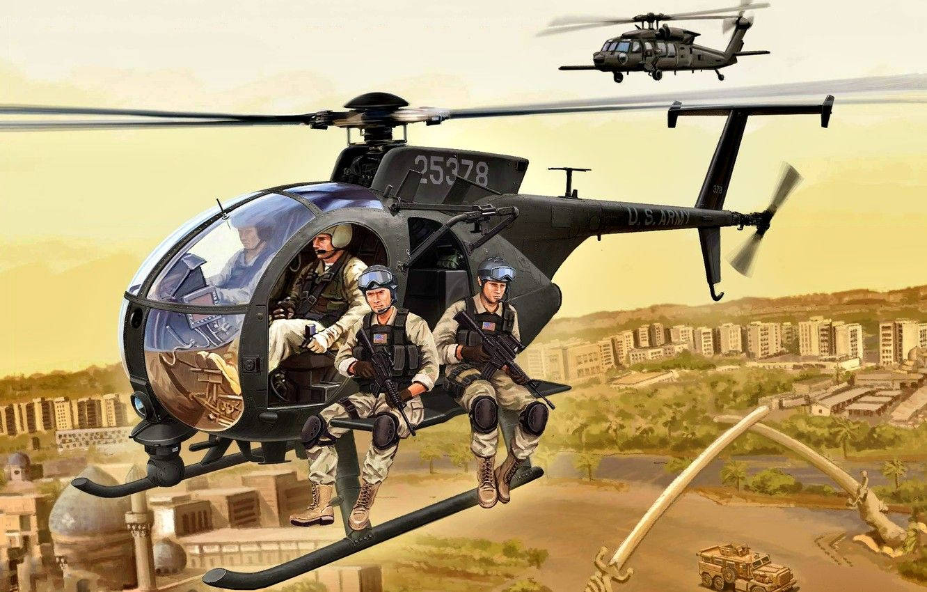 A Helicopter With Two Soldiers Flying Over A City Background