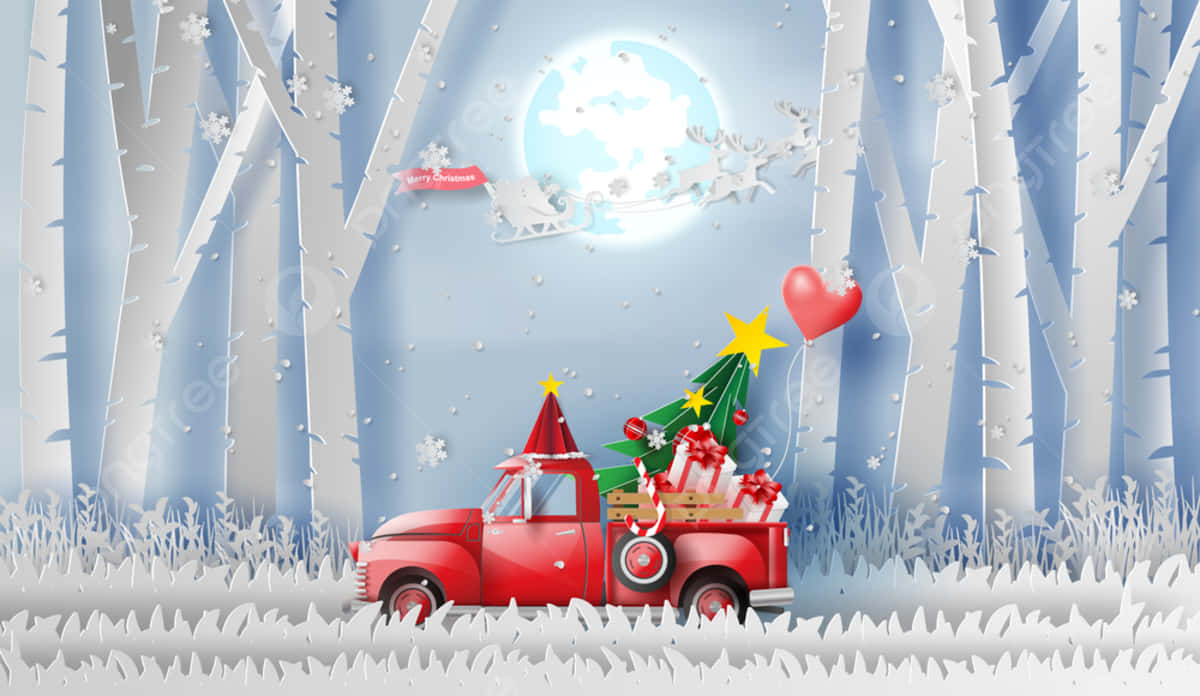 A Holiday Scene Featuring A Classic Red Vintage Truck With Snow, Presents And Pine Trees