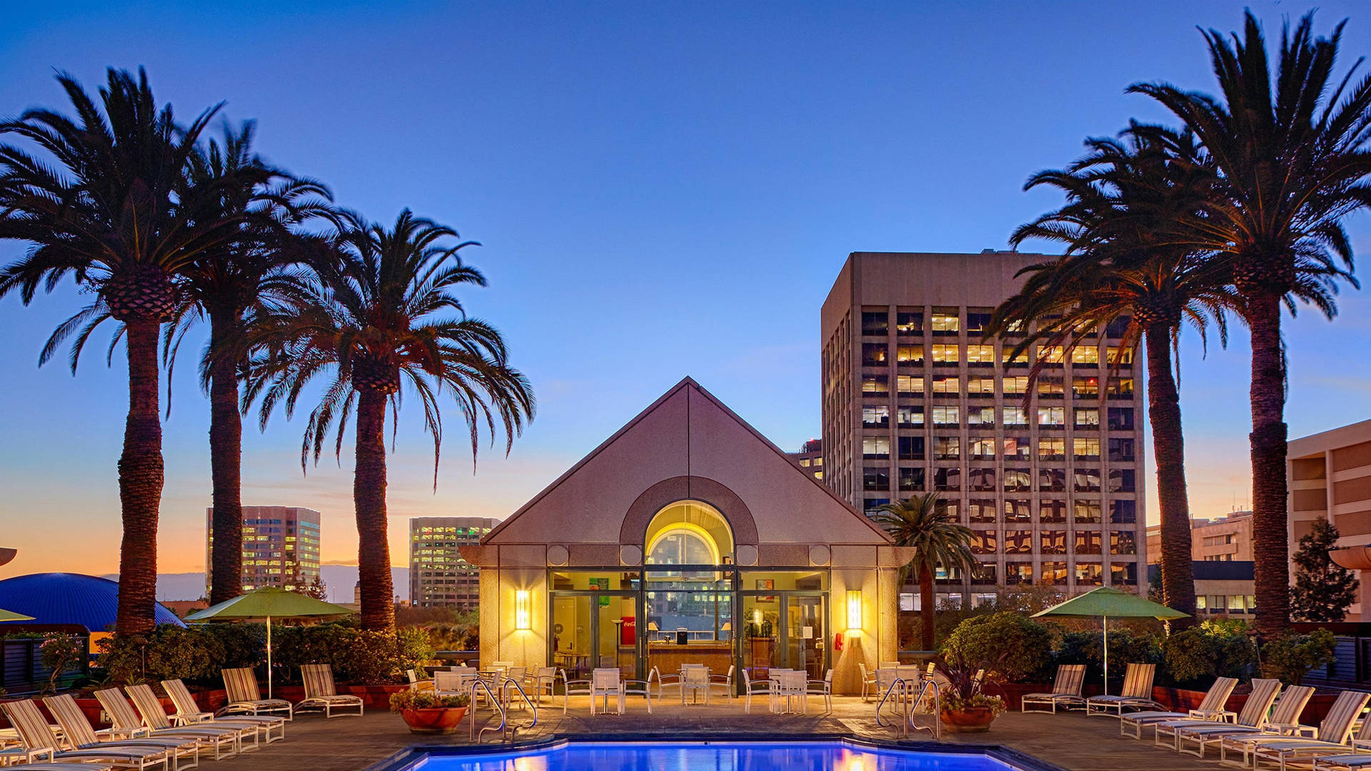 A Hotel Pool With Lounge Chairs And Palm Trees