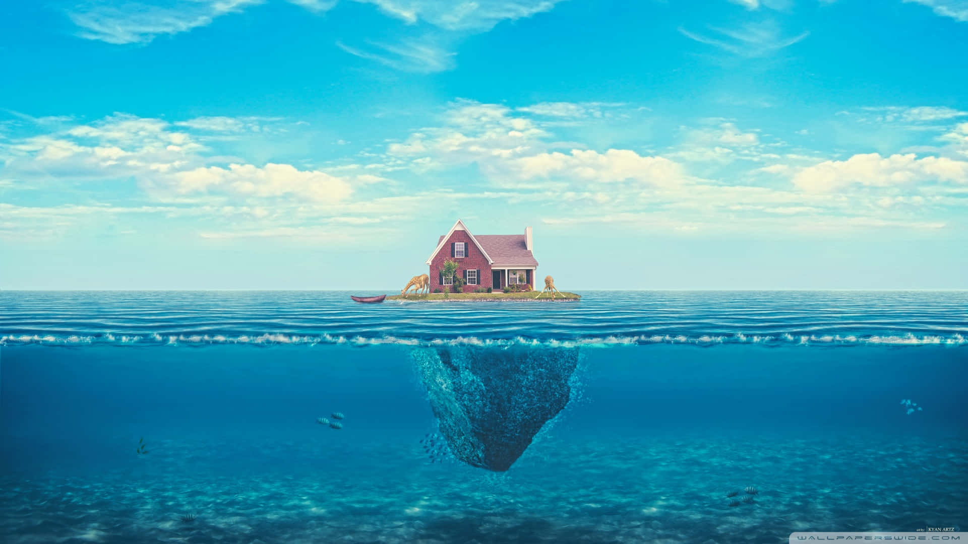 A House Floating In The Ocean With A Blue Sky Background