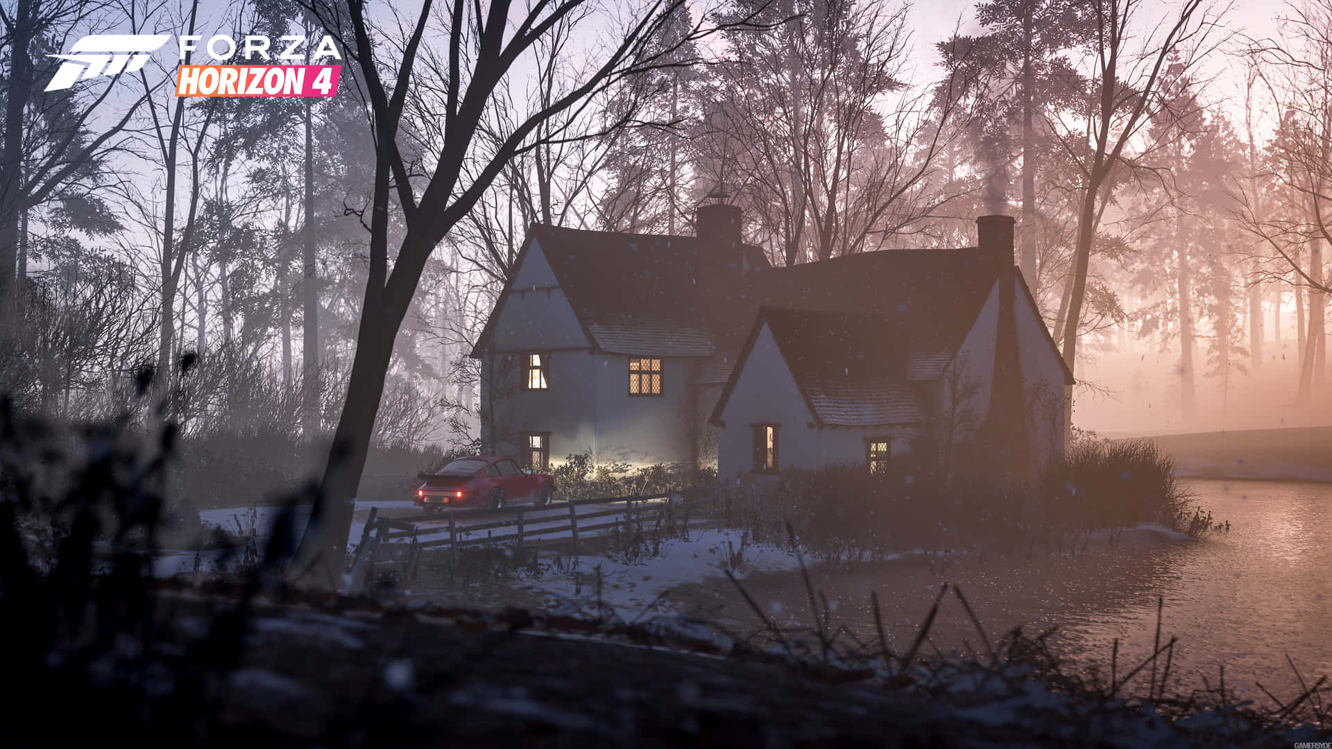 A House In The Woods With A Fog Over It Background