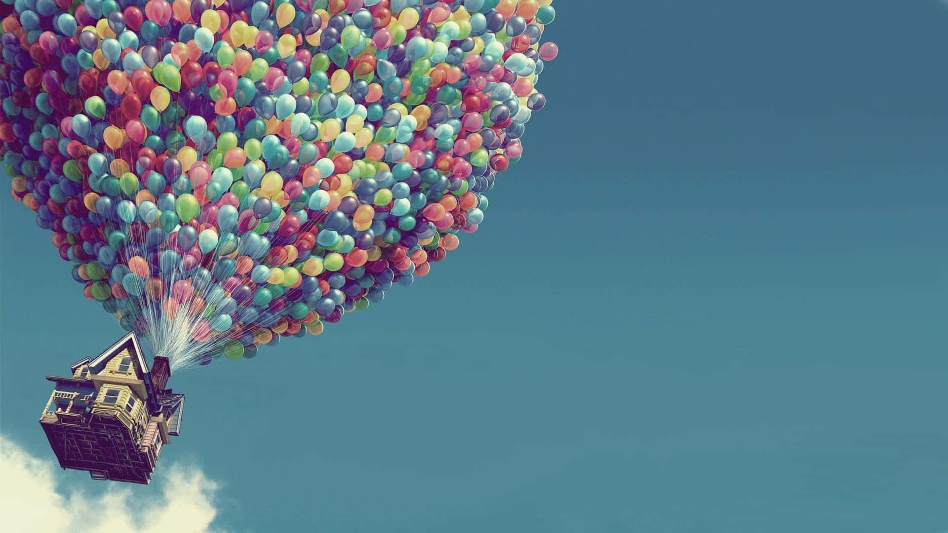 A House With Balloons Flying In The Sky Background