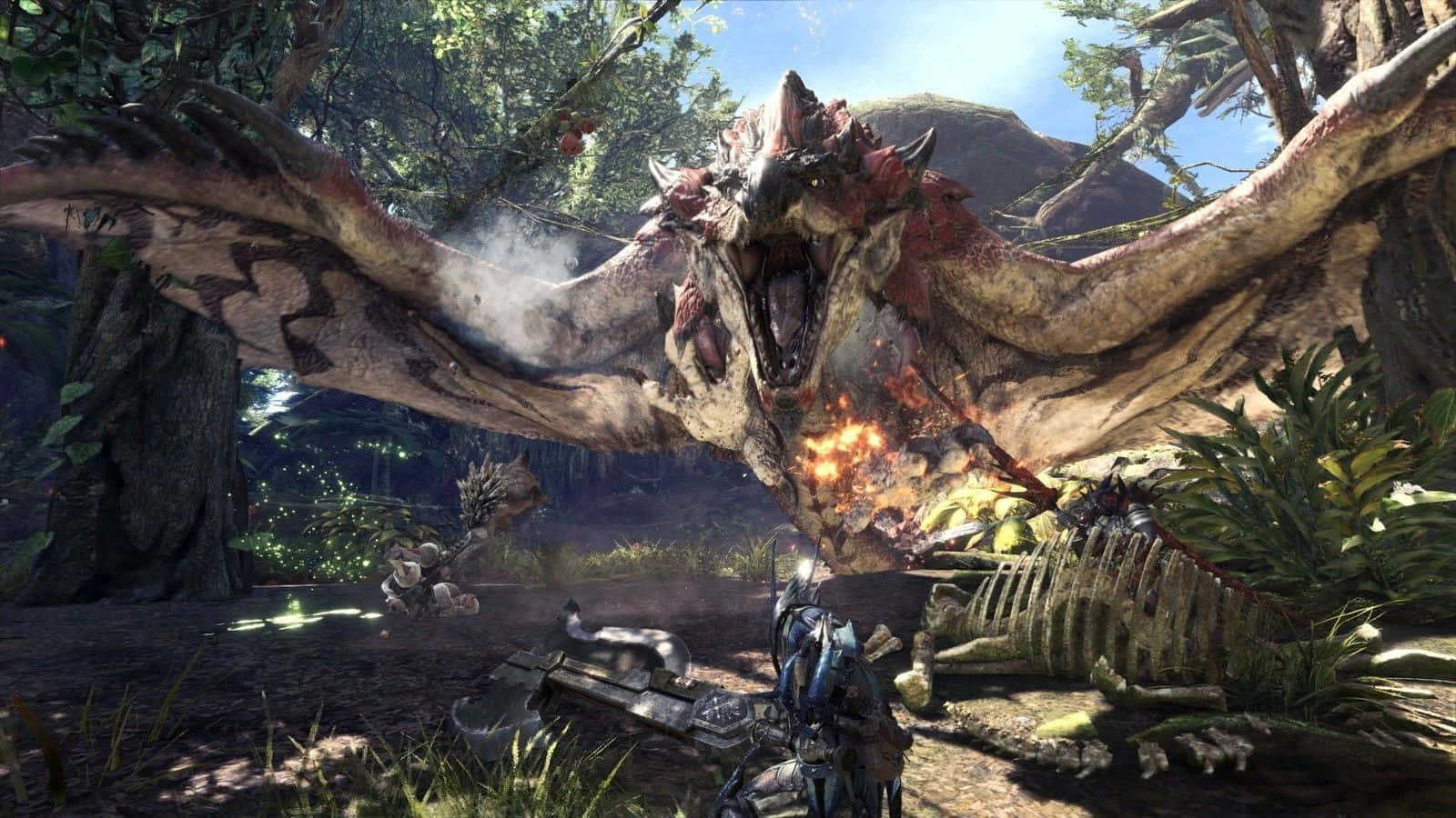 A Hunter Prowls The Prehistoric Landscape Of Monster Hunter Background
