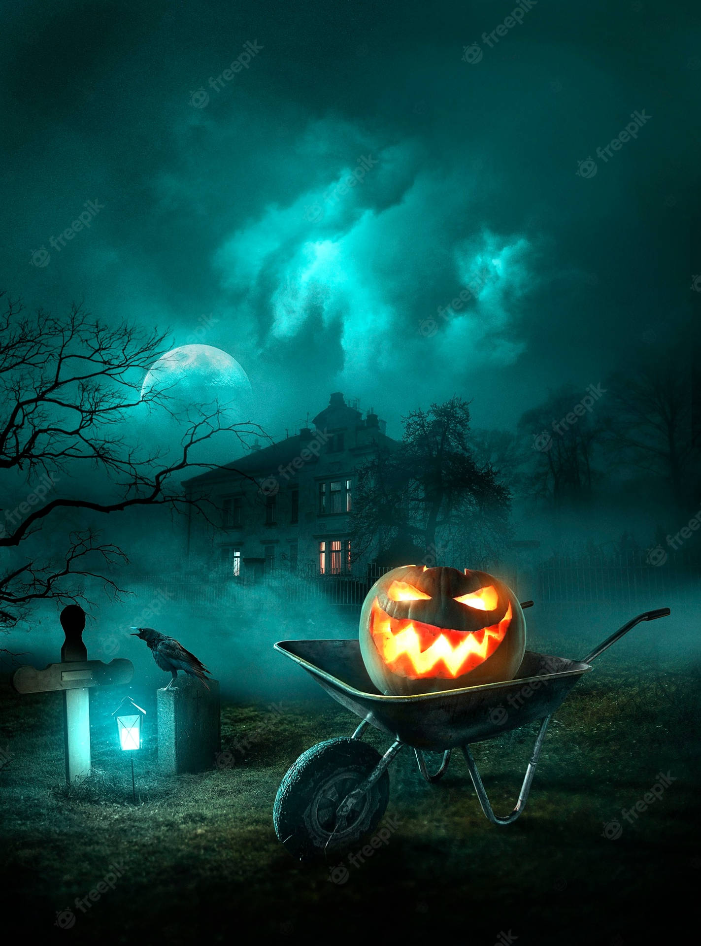 A Jack-o-lantern Pumpkin Is Illuminated Under A Dark Starry Sky. Background