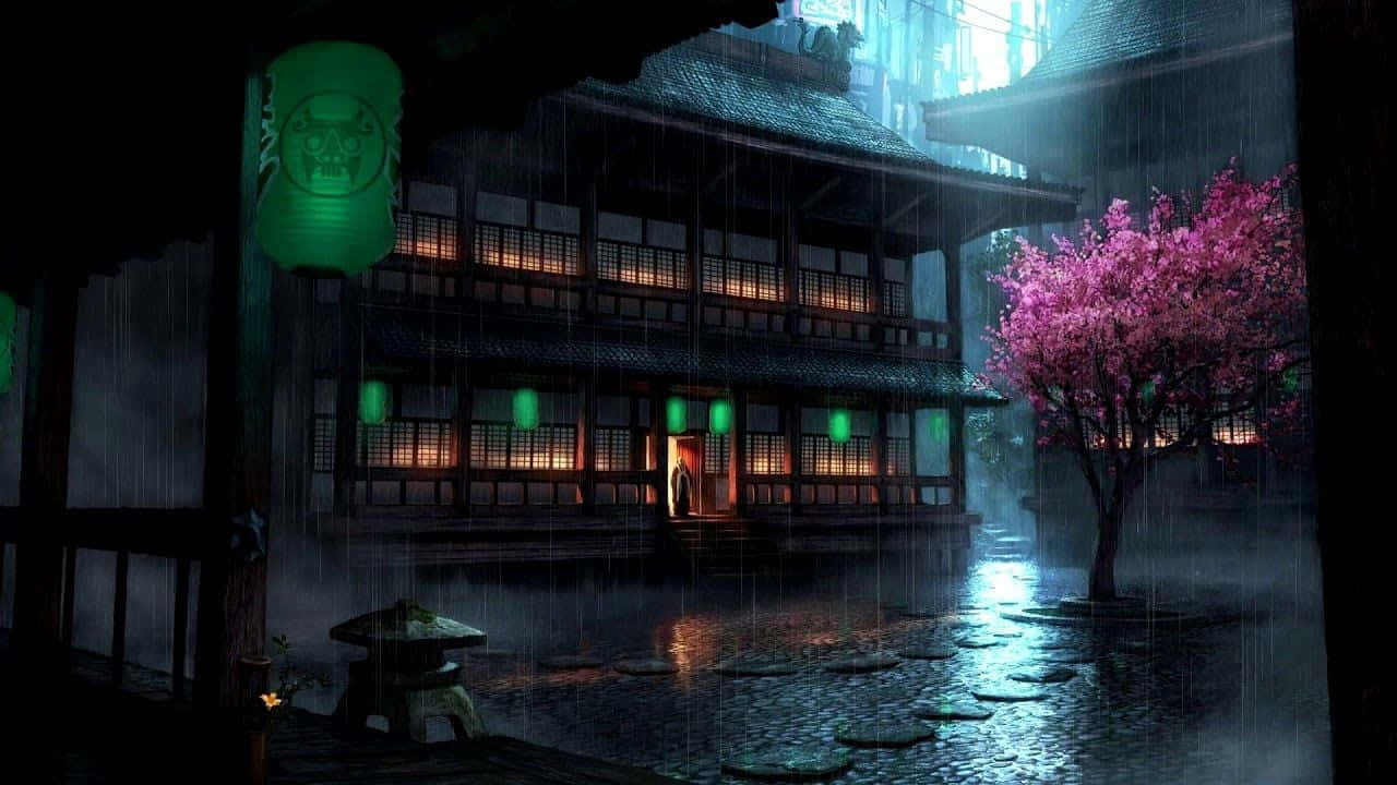 A Japanese House In The Rain With Lanterns Background
