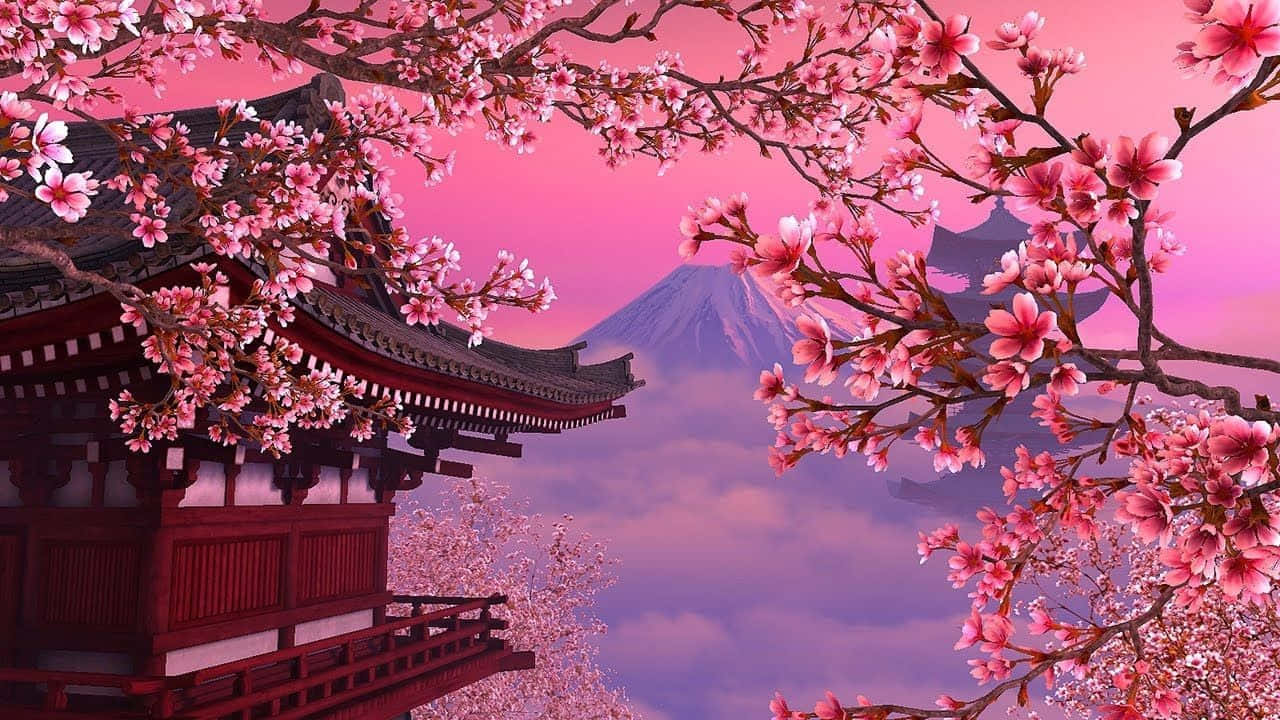 A Japanese Temple With Pink Blossoms And Clouds Background