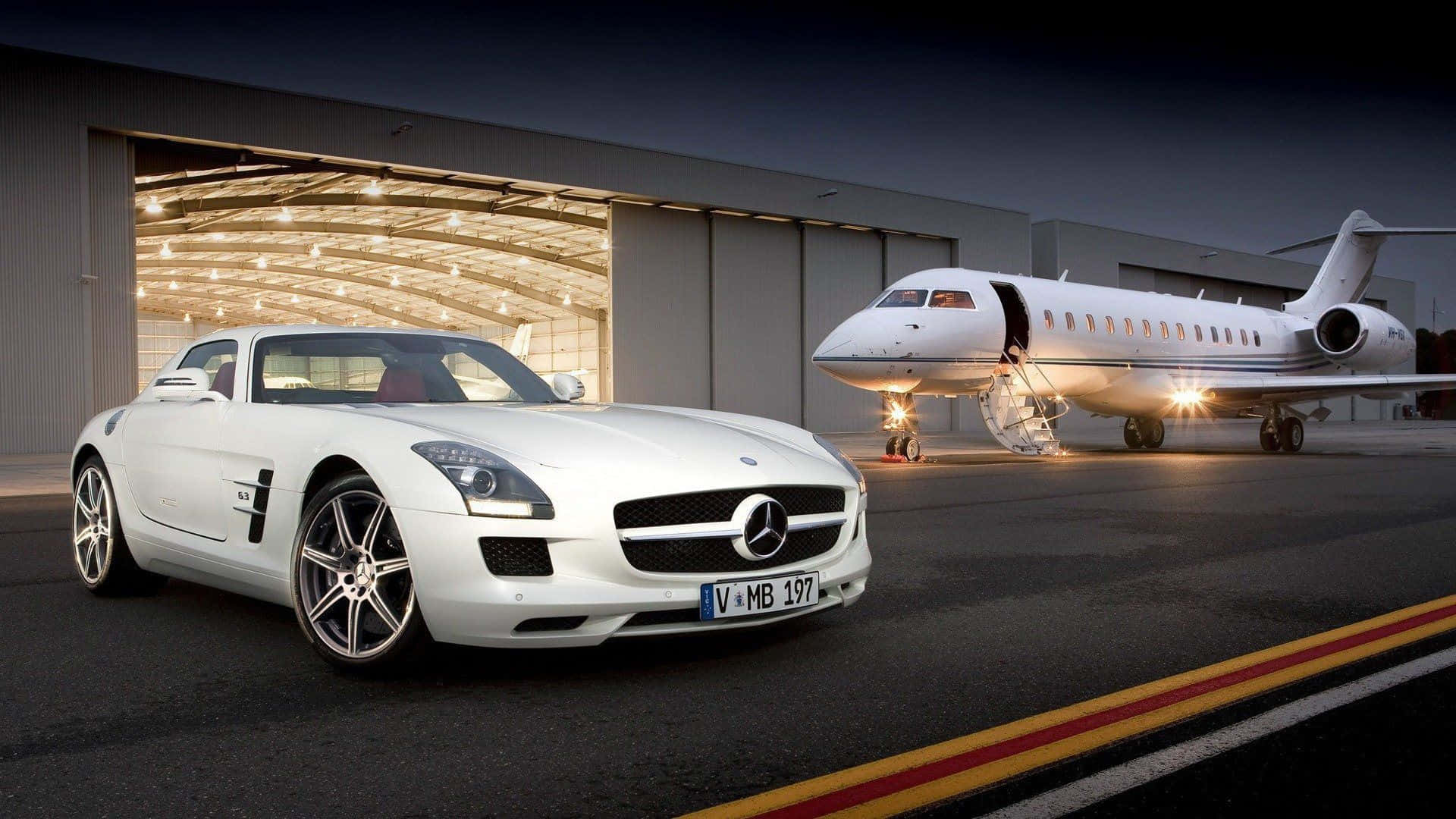 A Jet And A Luxury Red Convertible Showcasing Speed And Style. Background