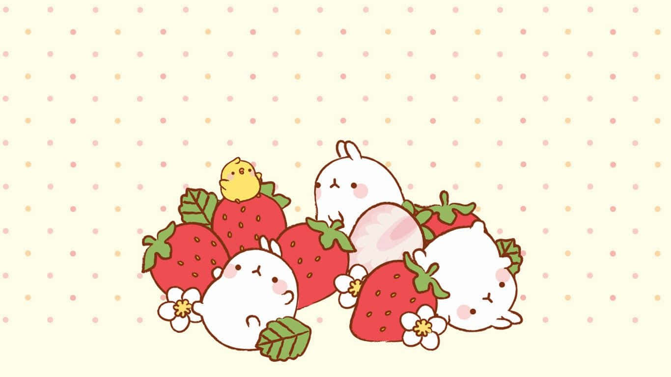 A Kawaii Bunny With Strawberries And A Bird Background