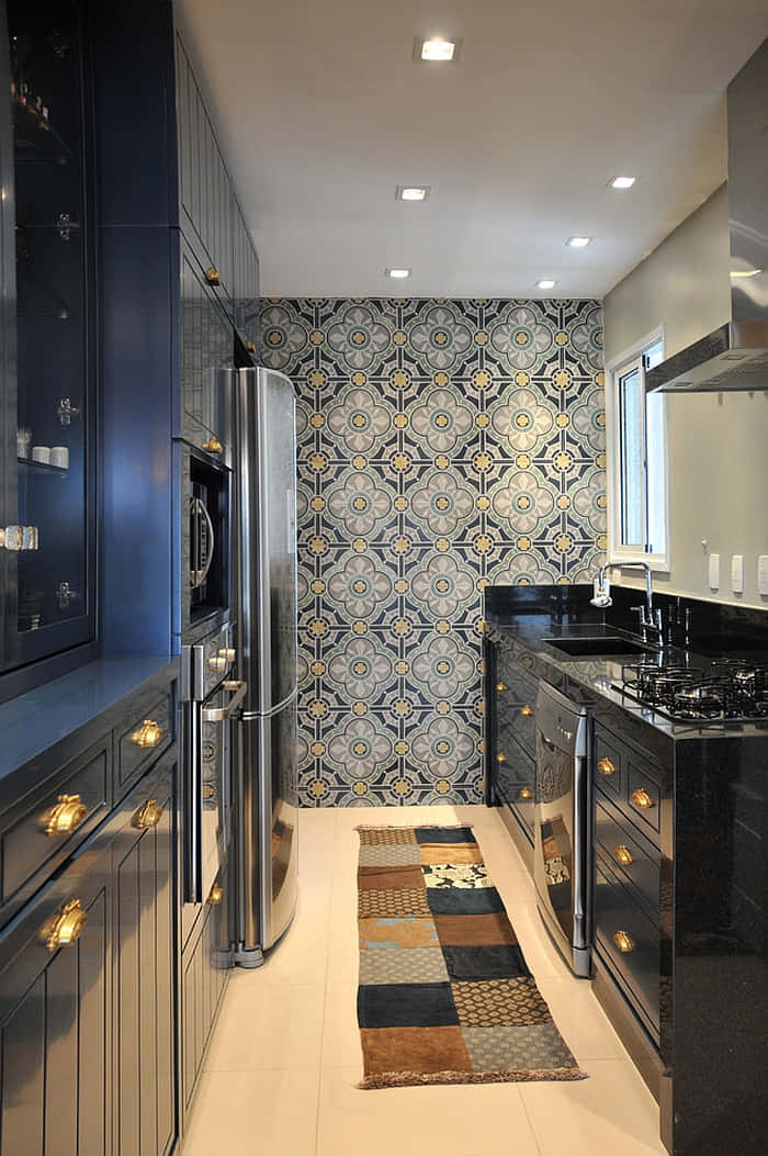 A Kitchen With A Blue Tiled Floor Background