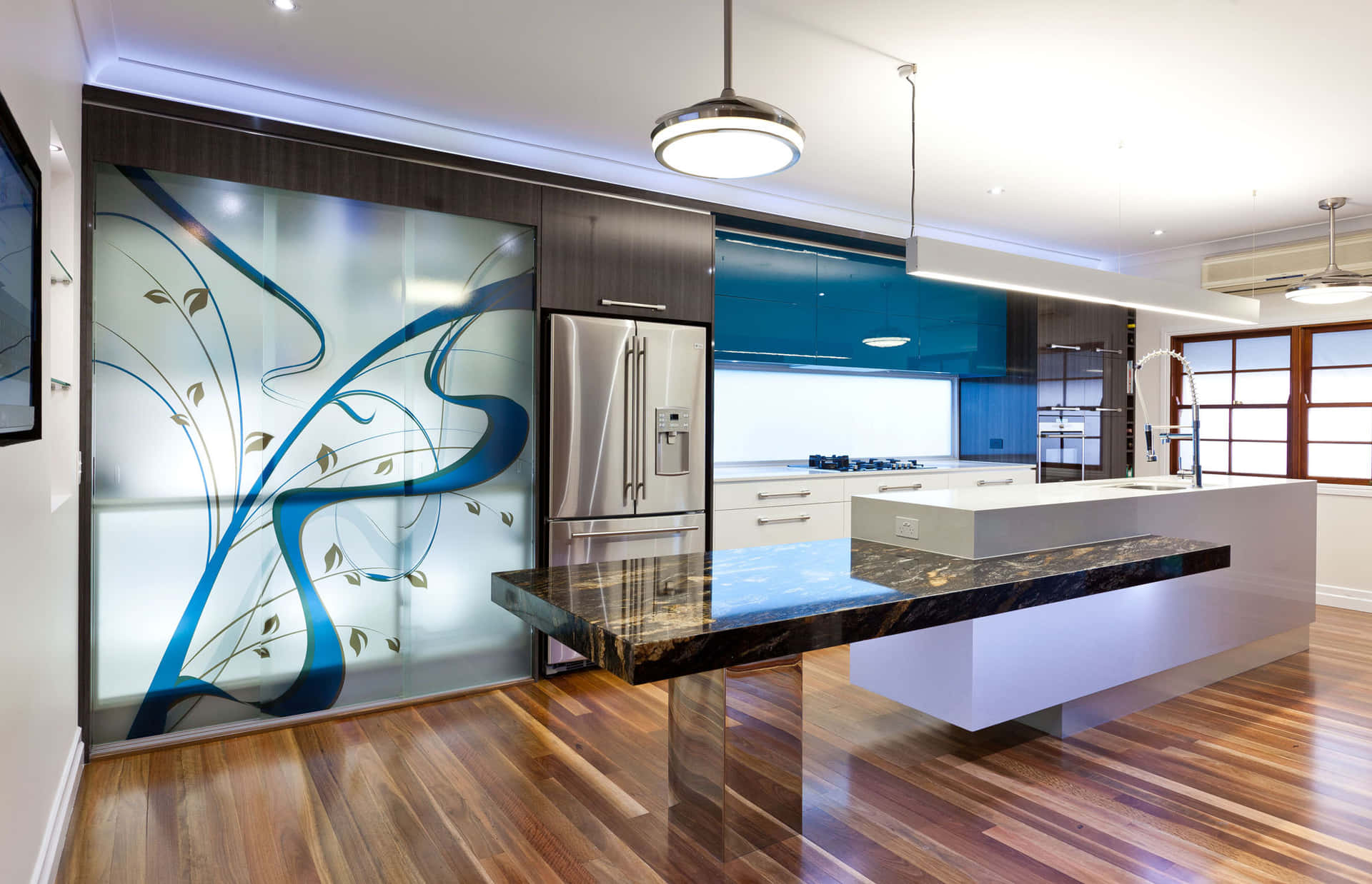 A Kitchen With A Wooden Floor Background