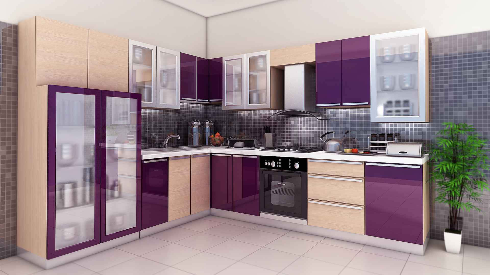 A Kitchen With Purple And Beige Cabinets Background