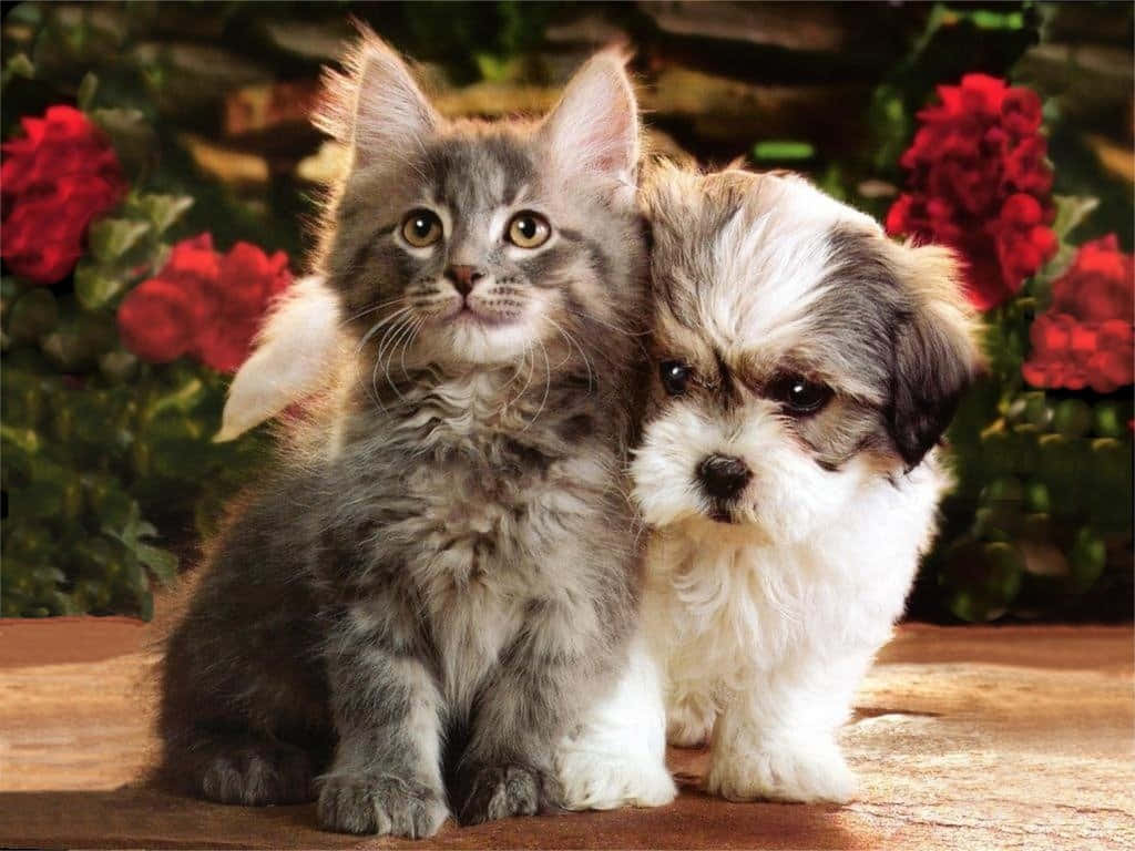 A Kitten And A Dog Are Sitting Next To Each Other Background