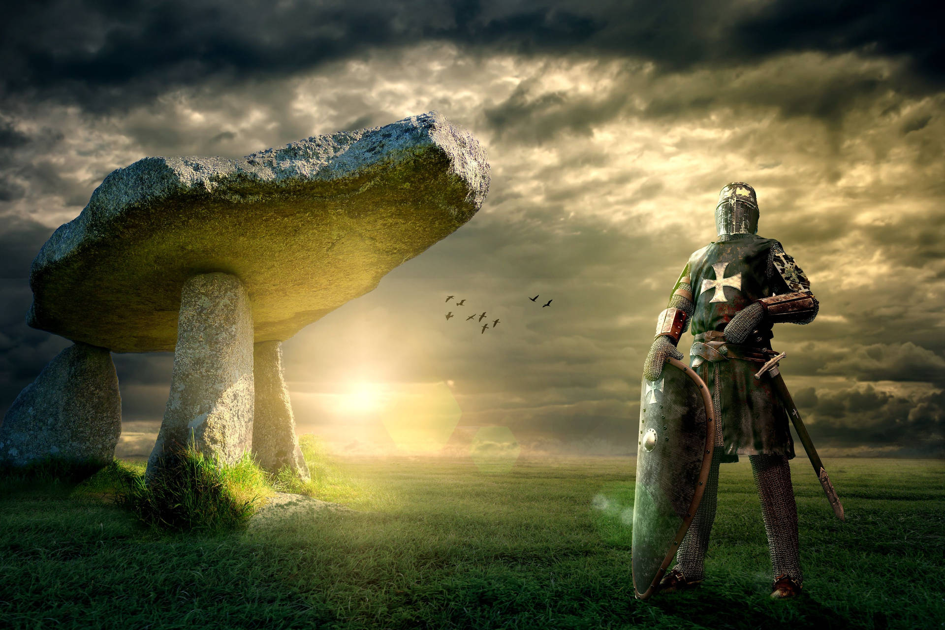 A Knight Standing In Front Of A Stone Background