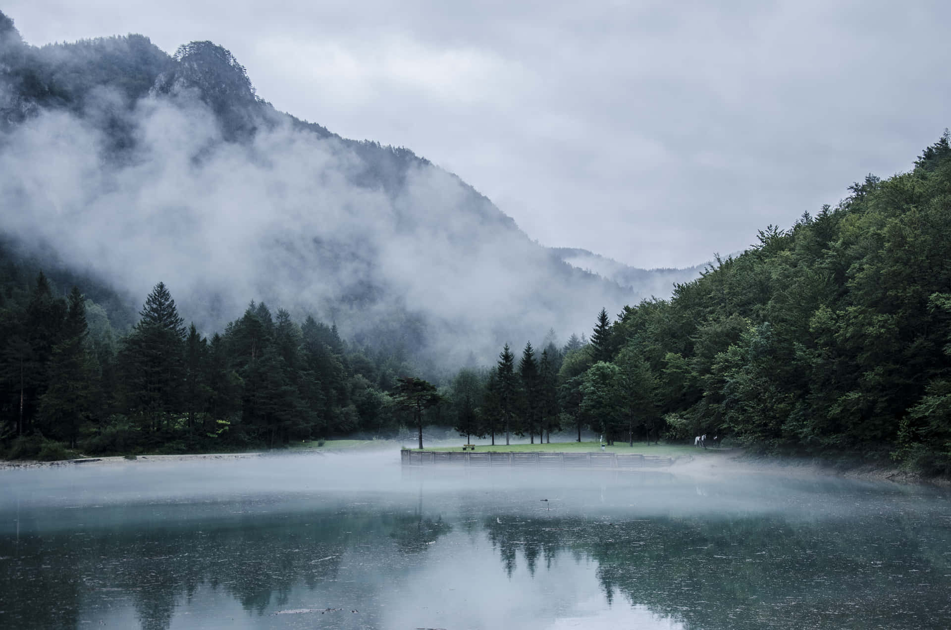 A Lake Surrounded By Trees And Fog Background