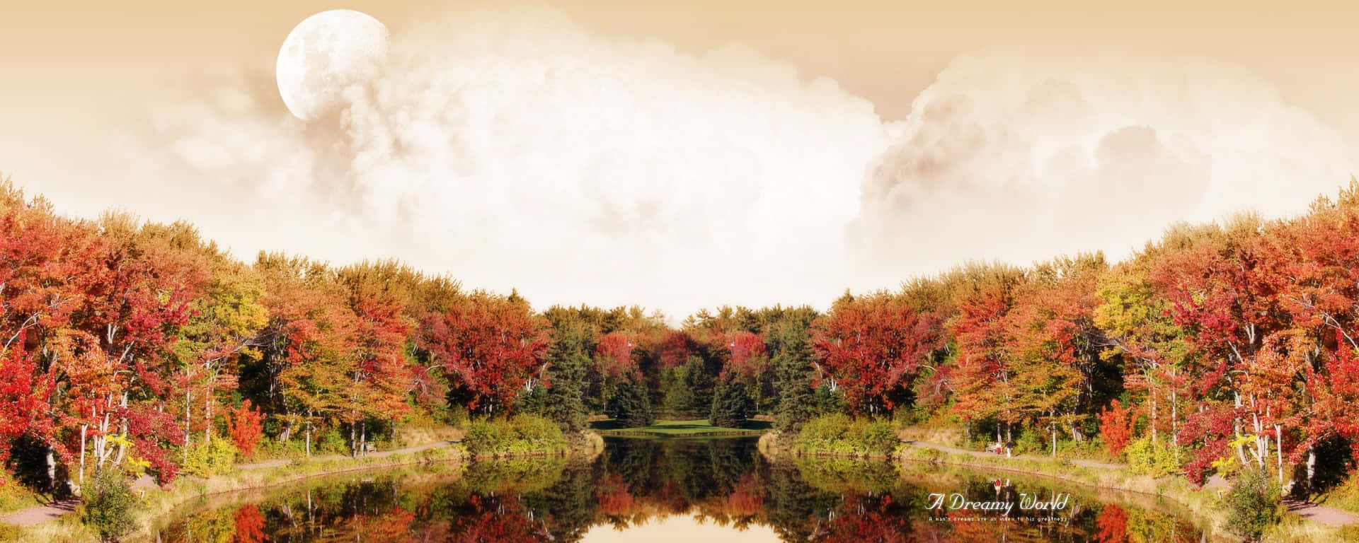 A Lake With Trees And A Moon Background