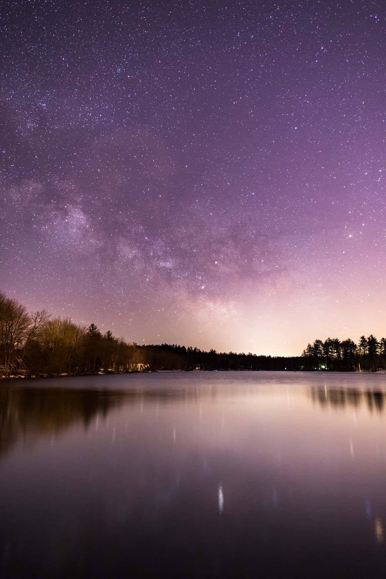 A Lake With Trees And Stars In The Sky