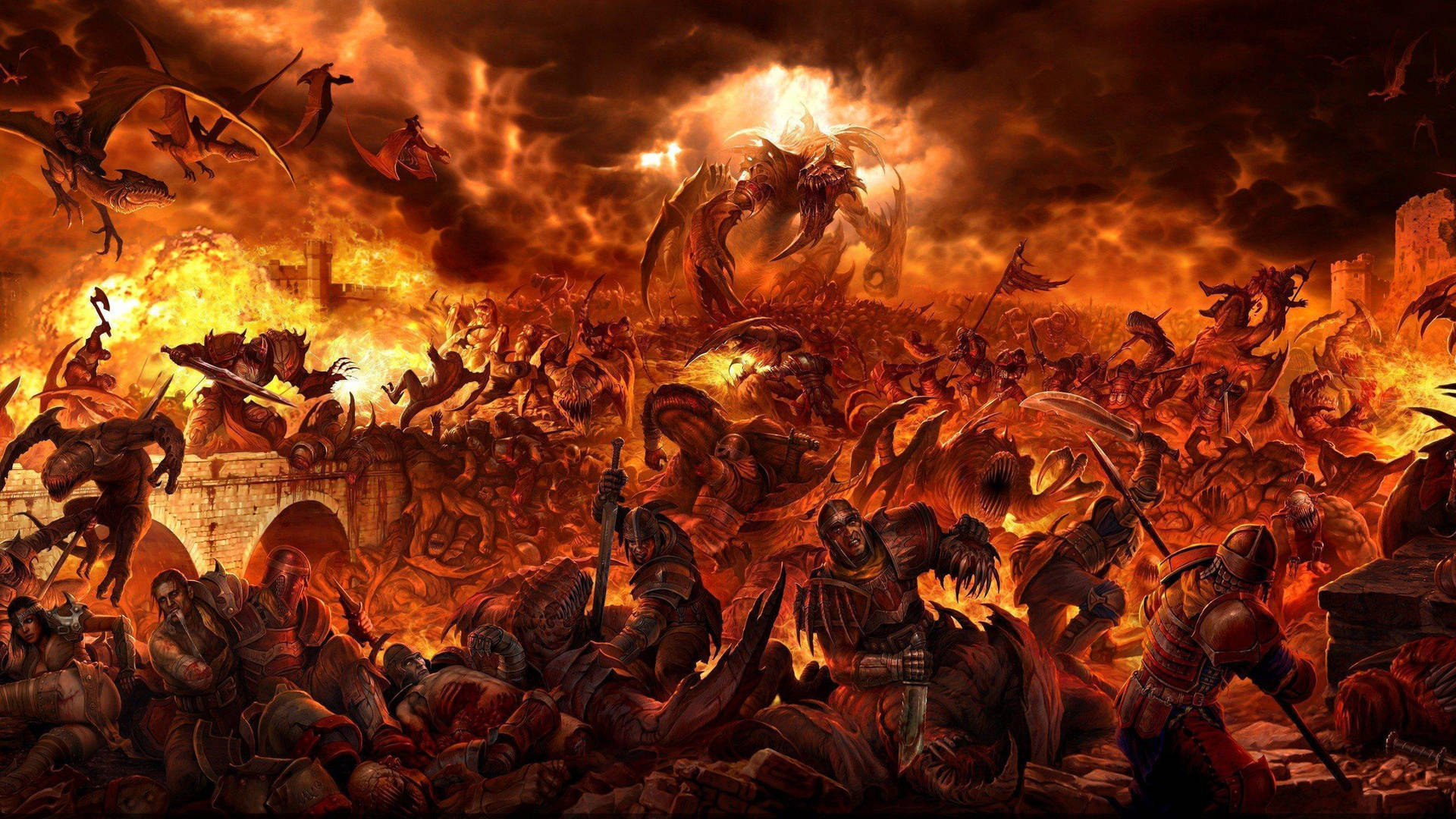 A Large Battle Scene With Many Demons And Monsters Background