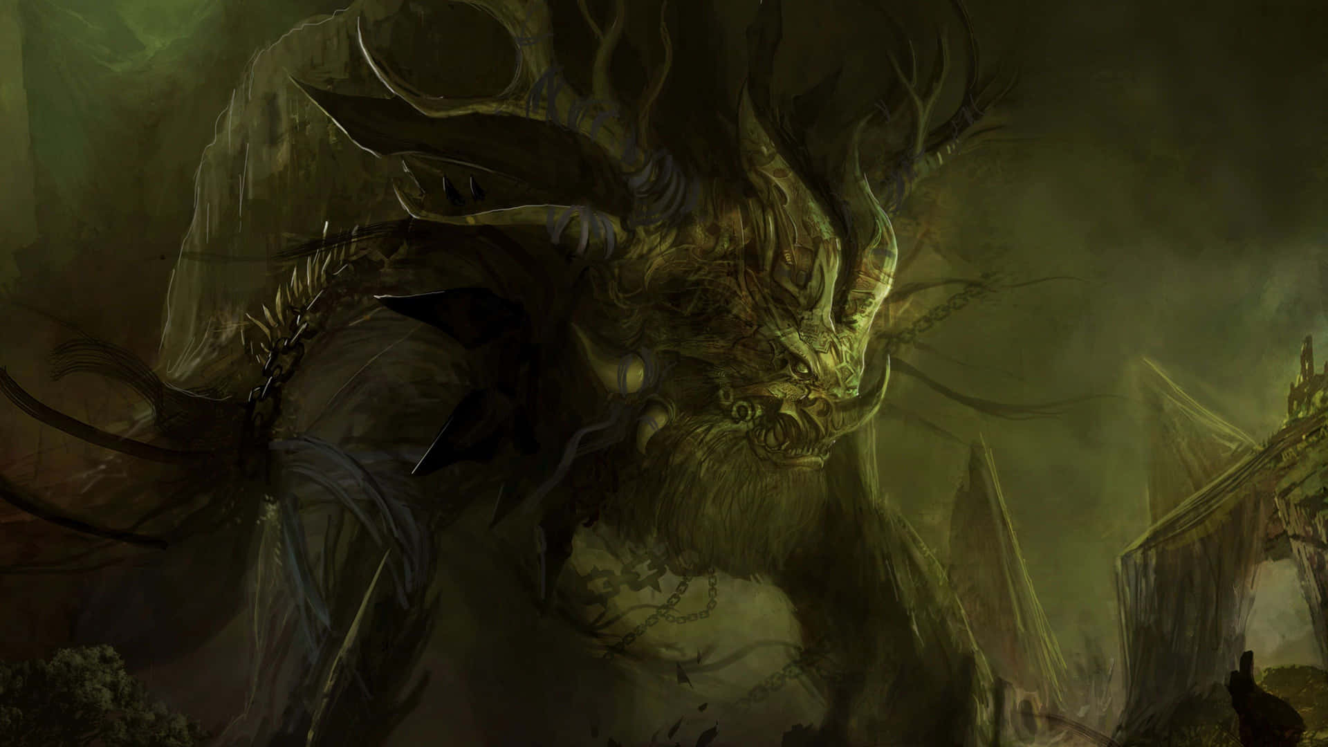 A Large Demon With Horns And A Sword Background