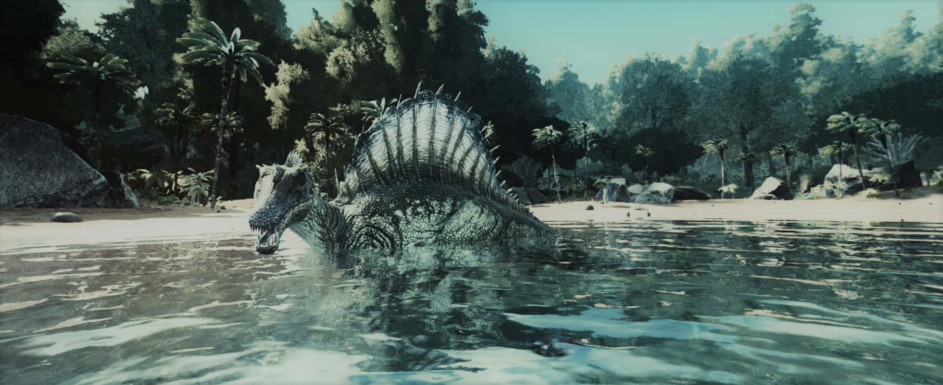 A Large Dinosaur Is Swimming In The Water Background