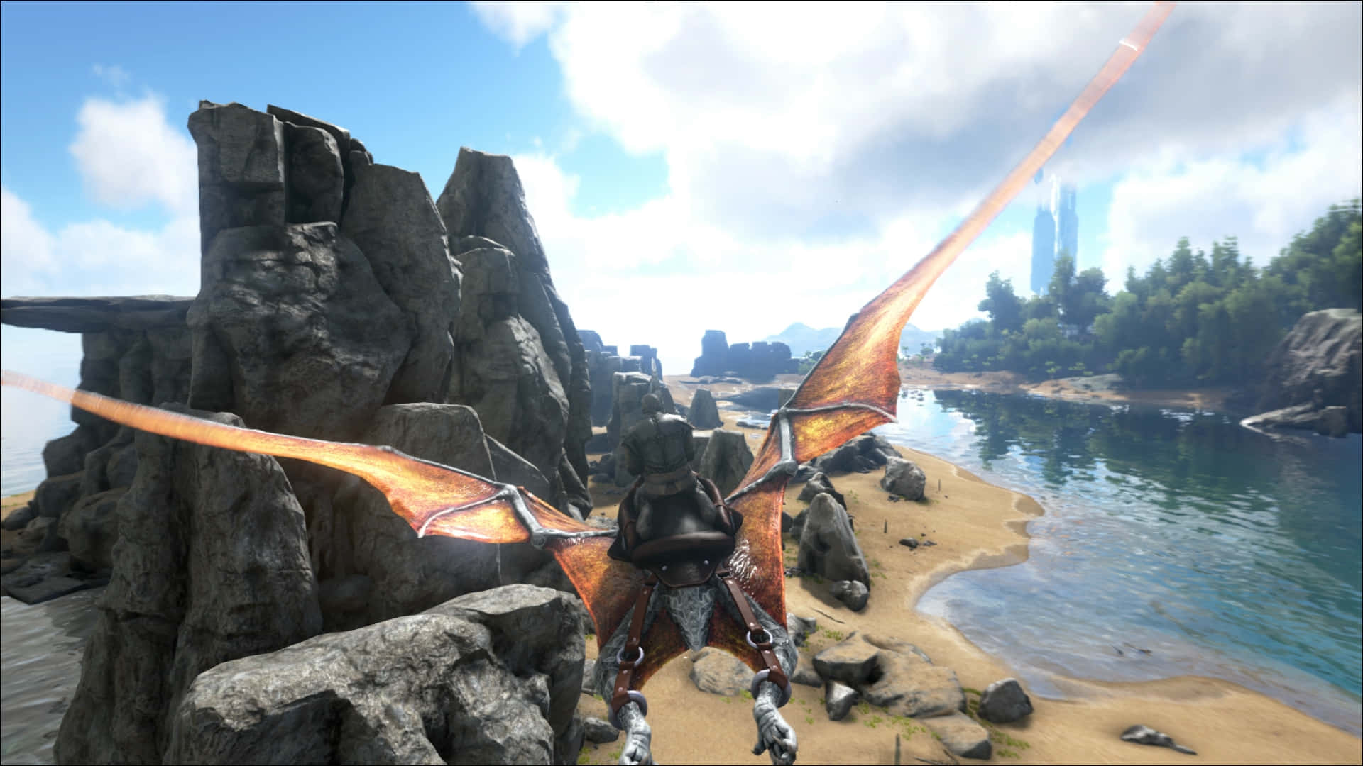 A Large Flying Dragon Is Flying Over A Rocky Area