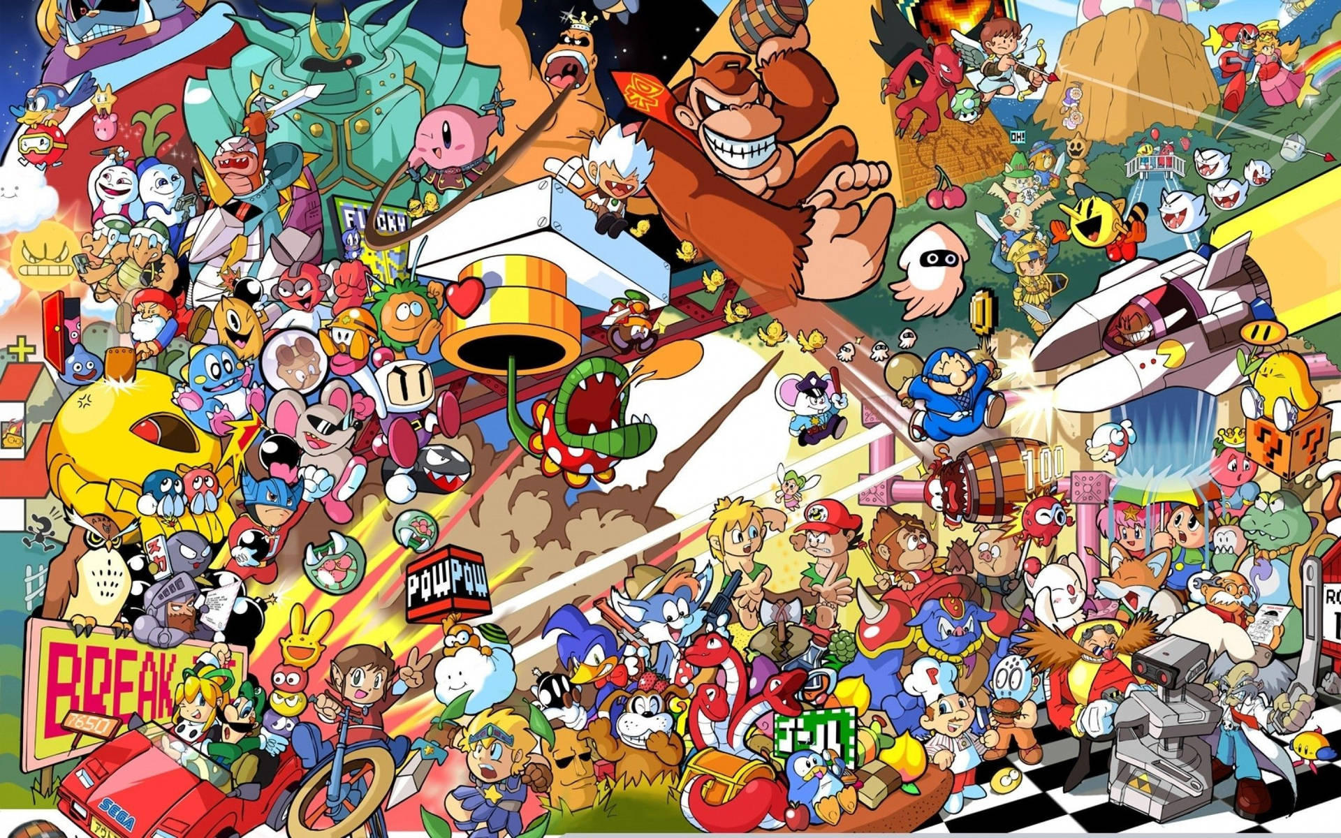 A Large Group Of Characters In A Nintendo Game Background