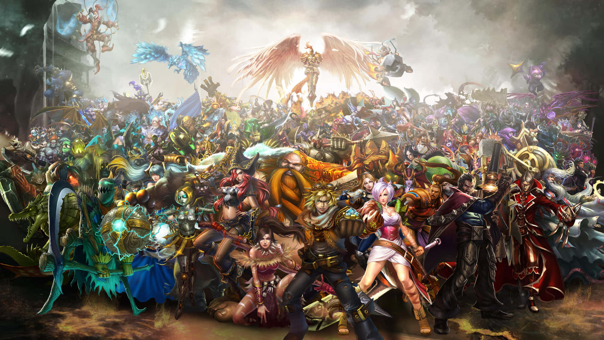 A Large Group Of Characters Standing In A Dark Room Background
