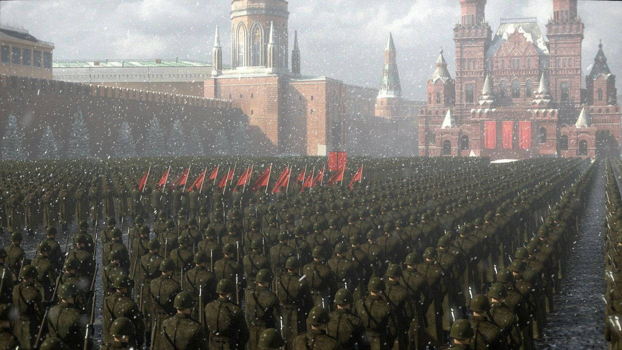 A Large Group Of Soldiers Are Standing In Front Of A Building Background