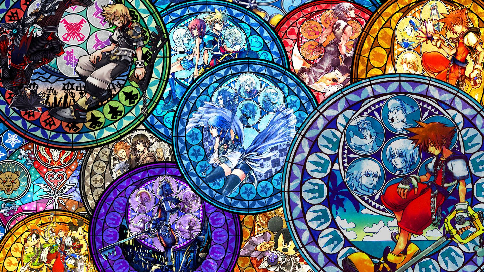 A Large Group Of Stained Glass Windows With Different Characters Background