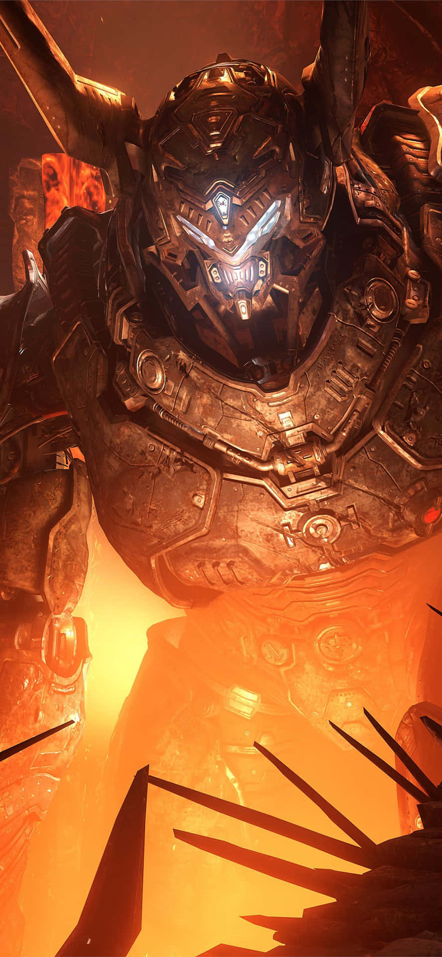 A Large Robot With Horns In Front Of A Fire Background