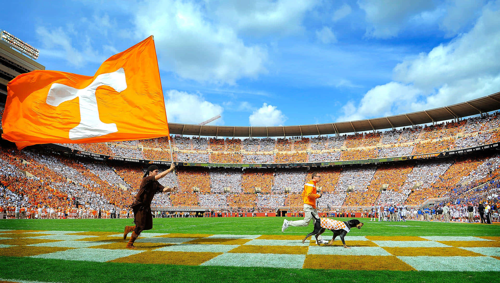 A Large Stadium With A Flag