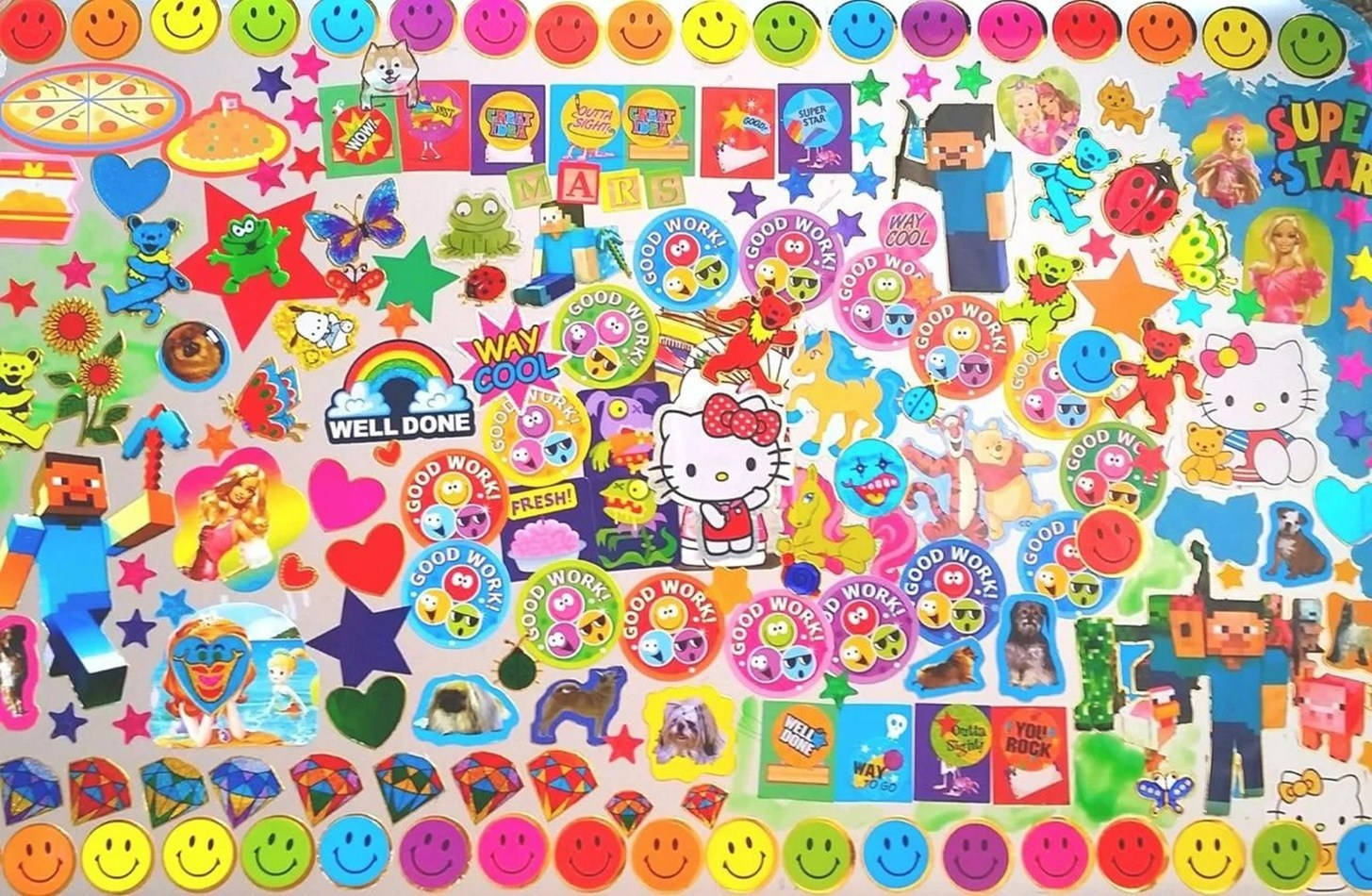 A Large Wall Of Stickers With Many Different Characters Background