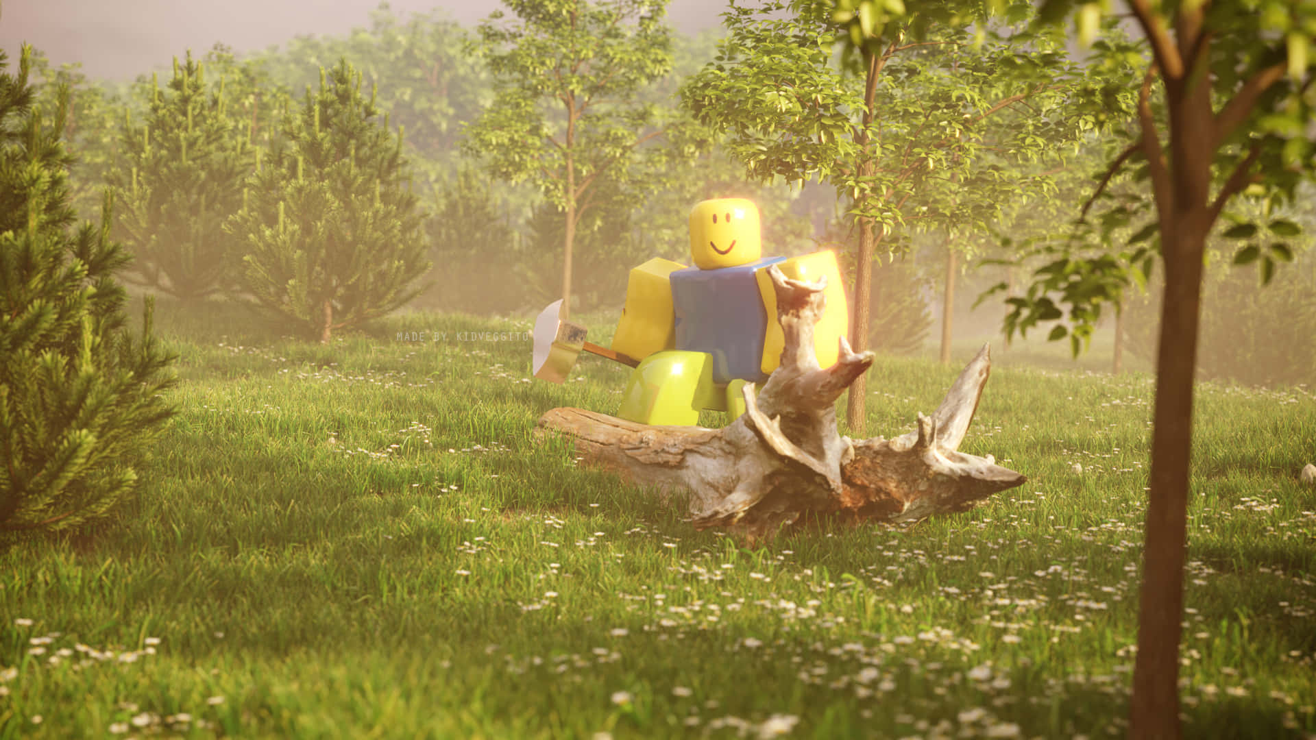 A Lego Man Is Standing In A Field With Trees Background