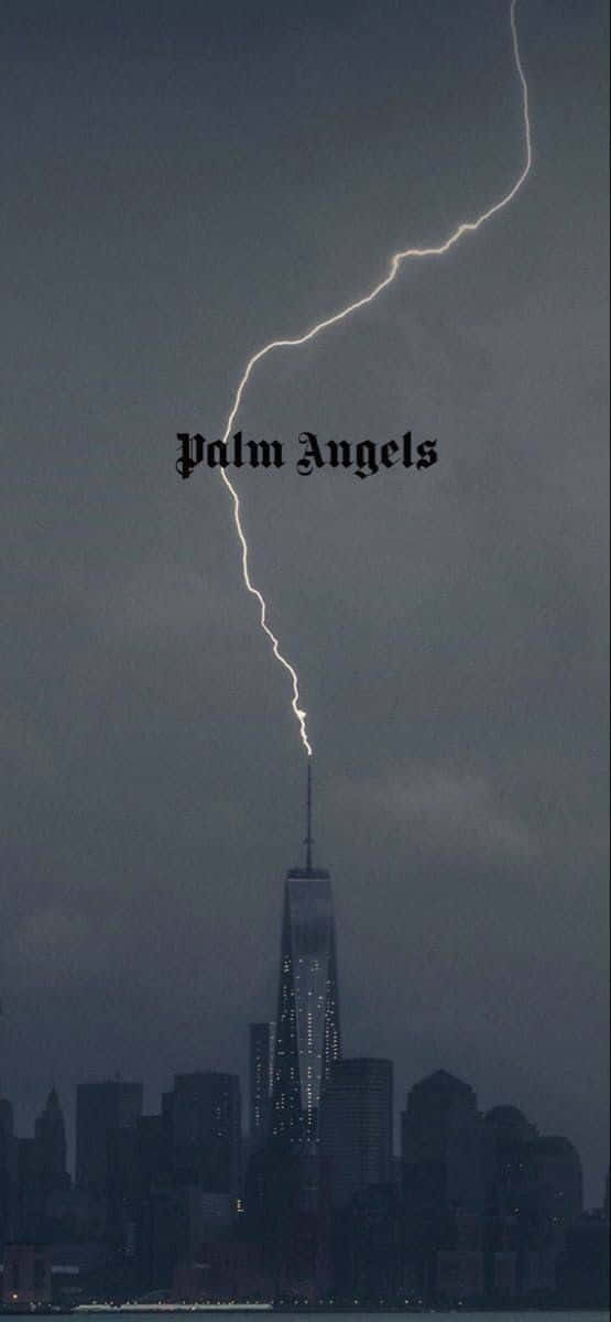 A Lightning Bolt Is Shown Over A City With The Words Prum Angels Background