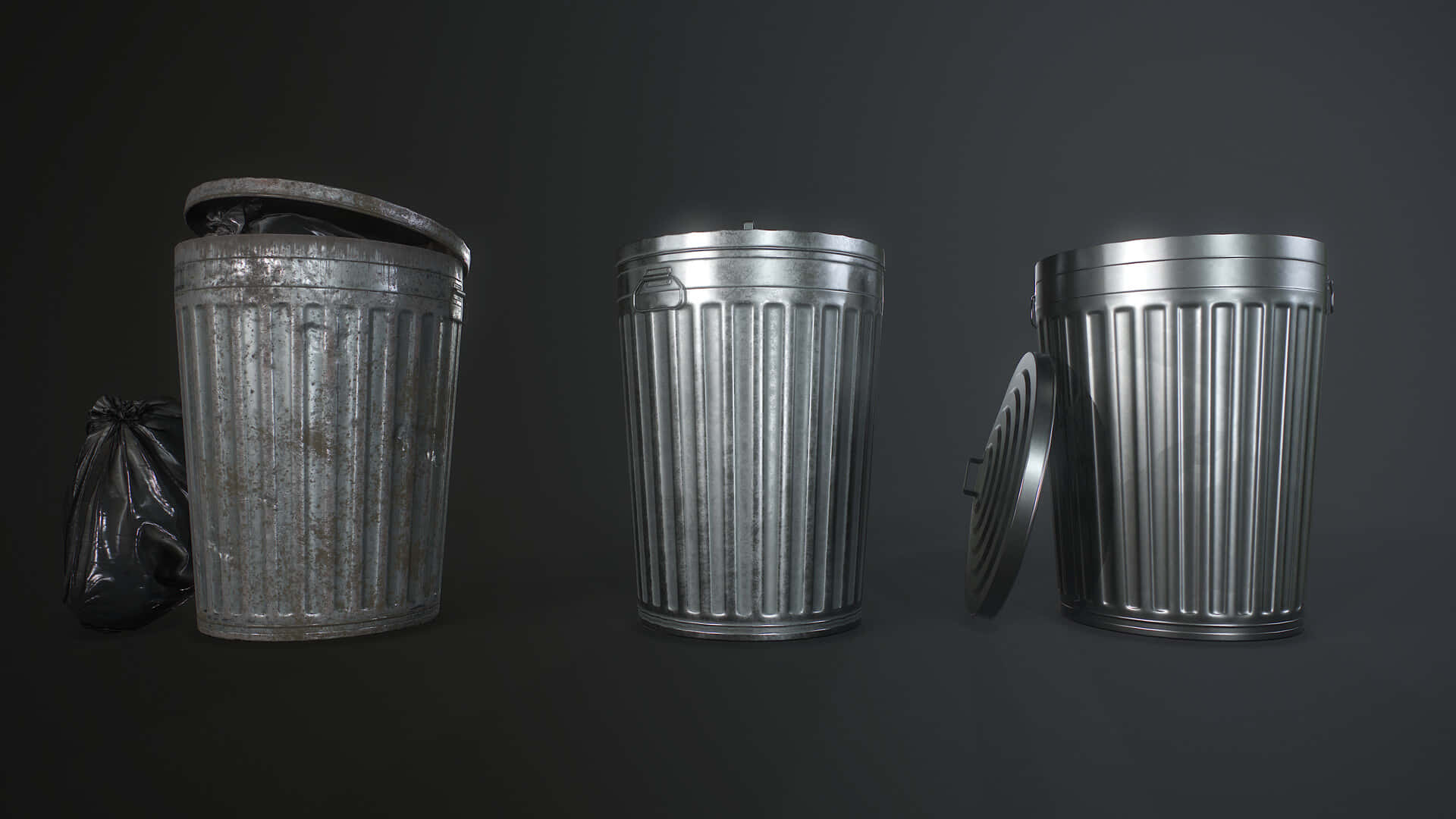 A Line Of Metal Trash Cans With Lid Background