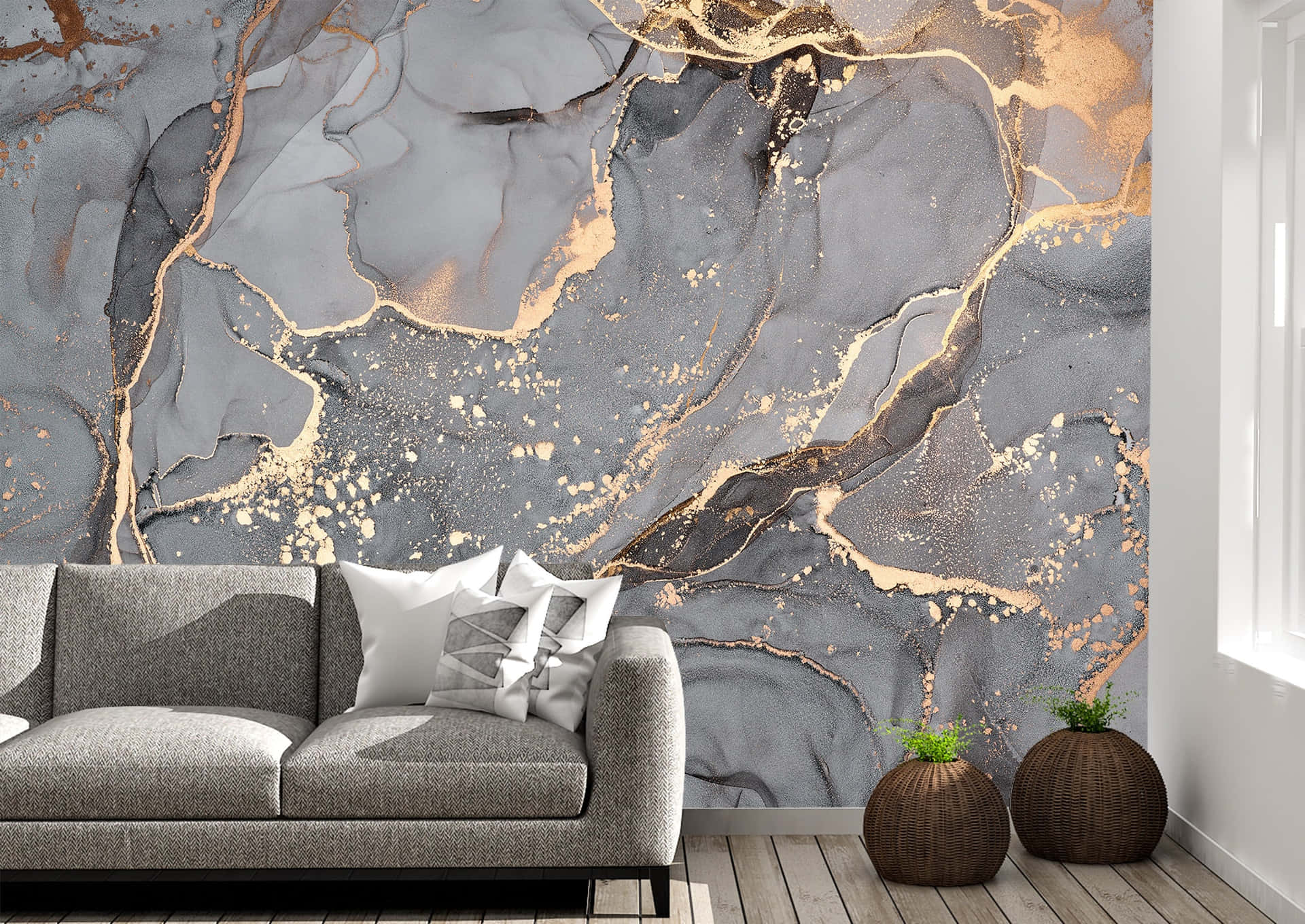 A Living Room With A Gold And Grey Marble Wall Background