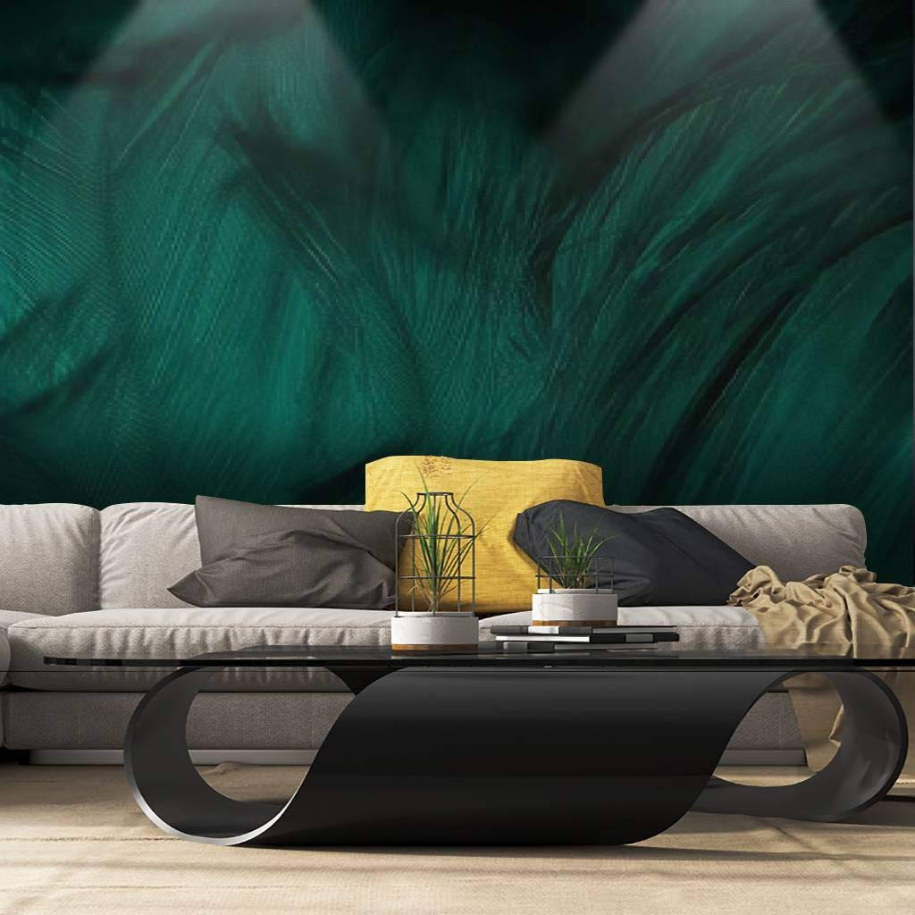 A Living Room With A Green Wall Mural Background