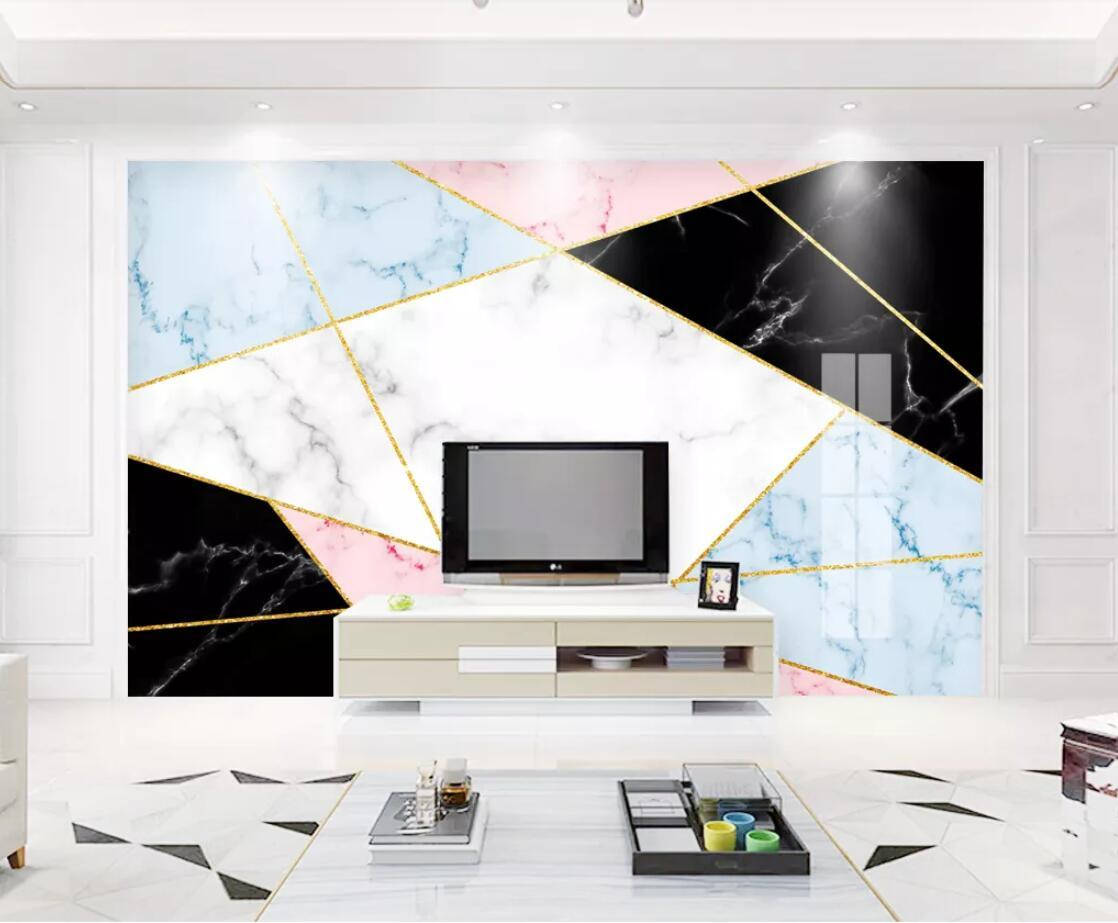 A Living Room With A Marble Wall Mural Background