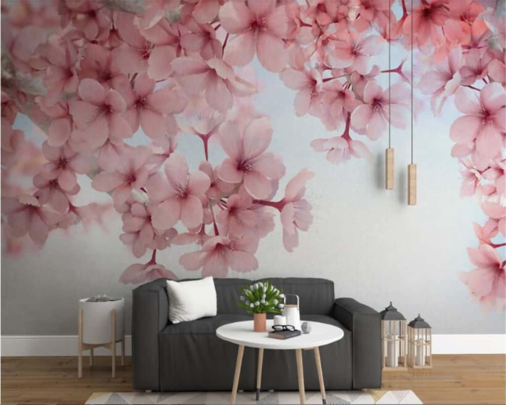 A Living Room With A Pink Flower Wall Mural Background