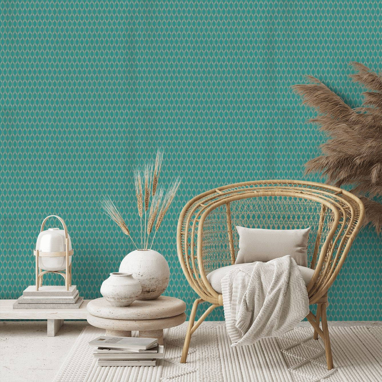 A Living Room With A Teal Wallpaper And A Wicker Chair Background