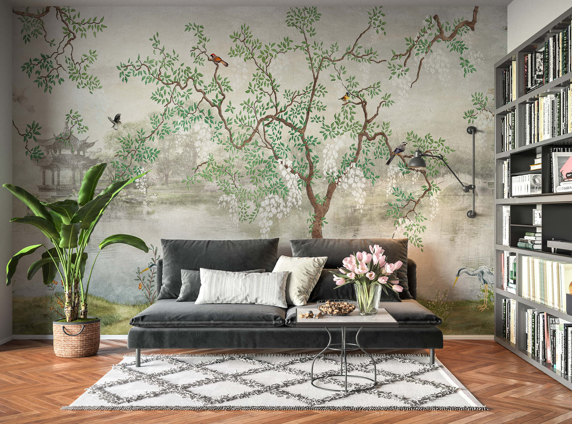 A Living Room With A Tree Mural