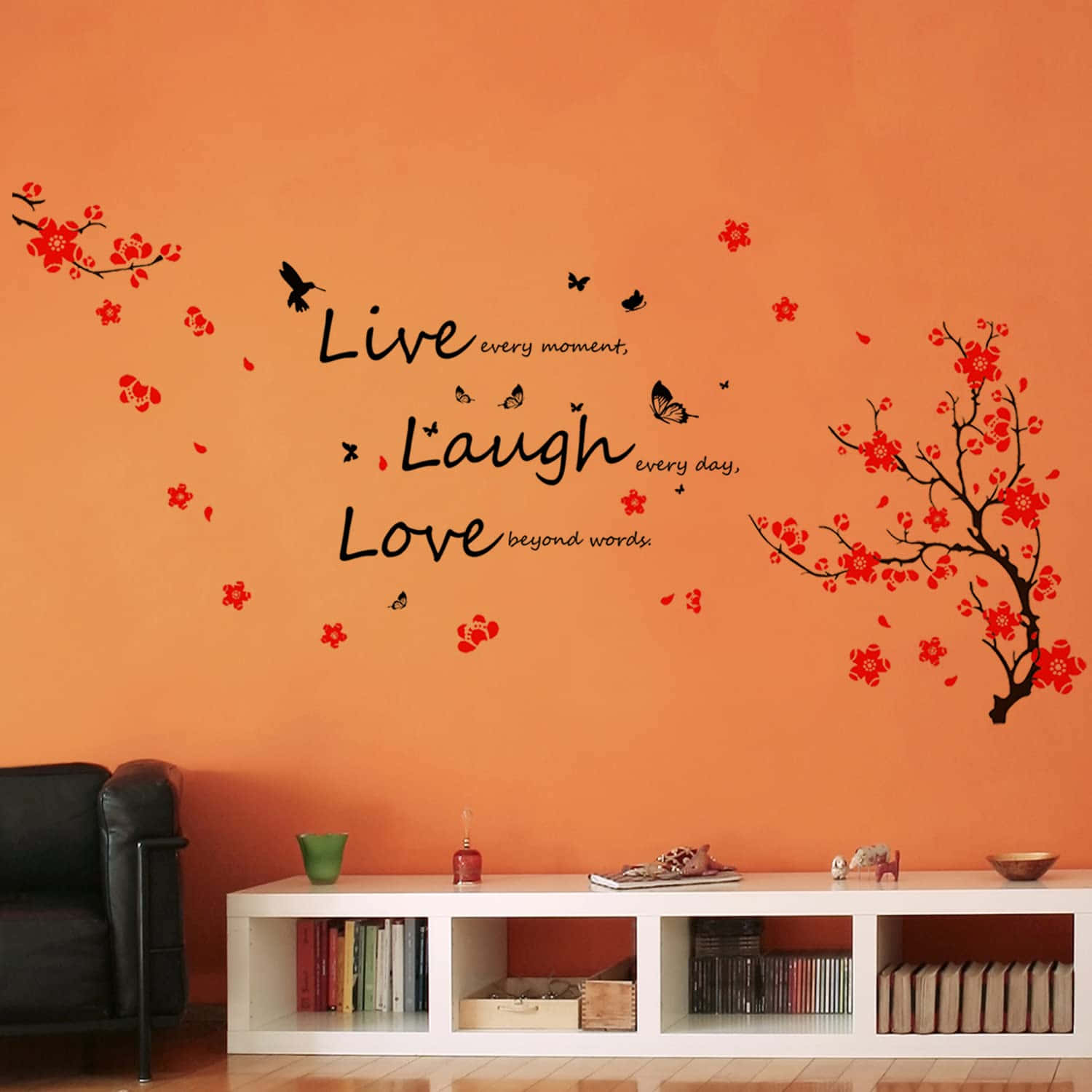 A Living Room With A Wall Decal With The Words Live Laugh Love