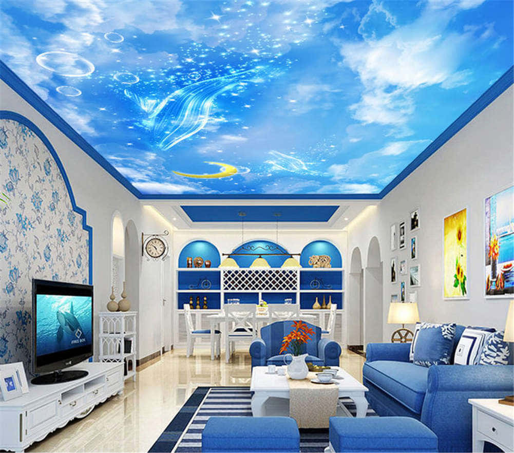 A Living Room With Blue Furniture And A Blue Ceiling