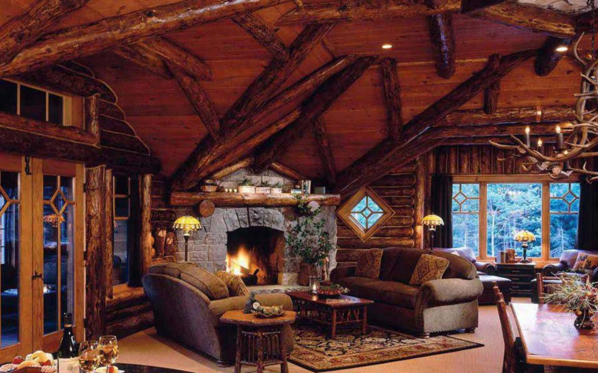 A Log Cabin With A Fireplace Background