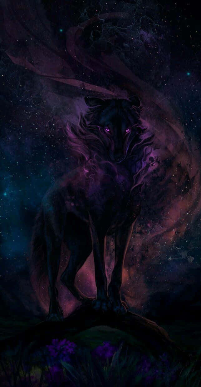 A Lone Anime Wolf Crouches Among A Field Of Vibrant Floral Art Background