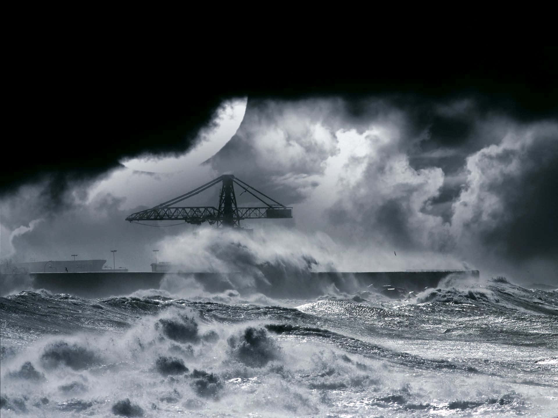 A Lone Boat Rides Out A Storm At Sea Background
