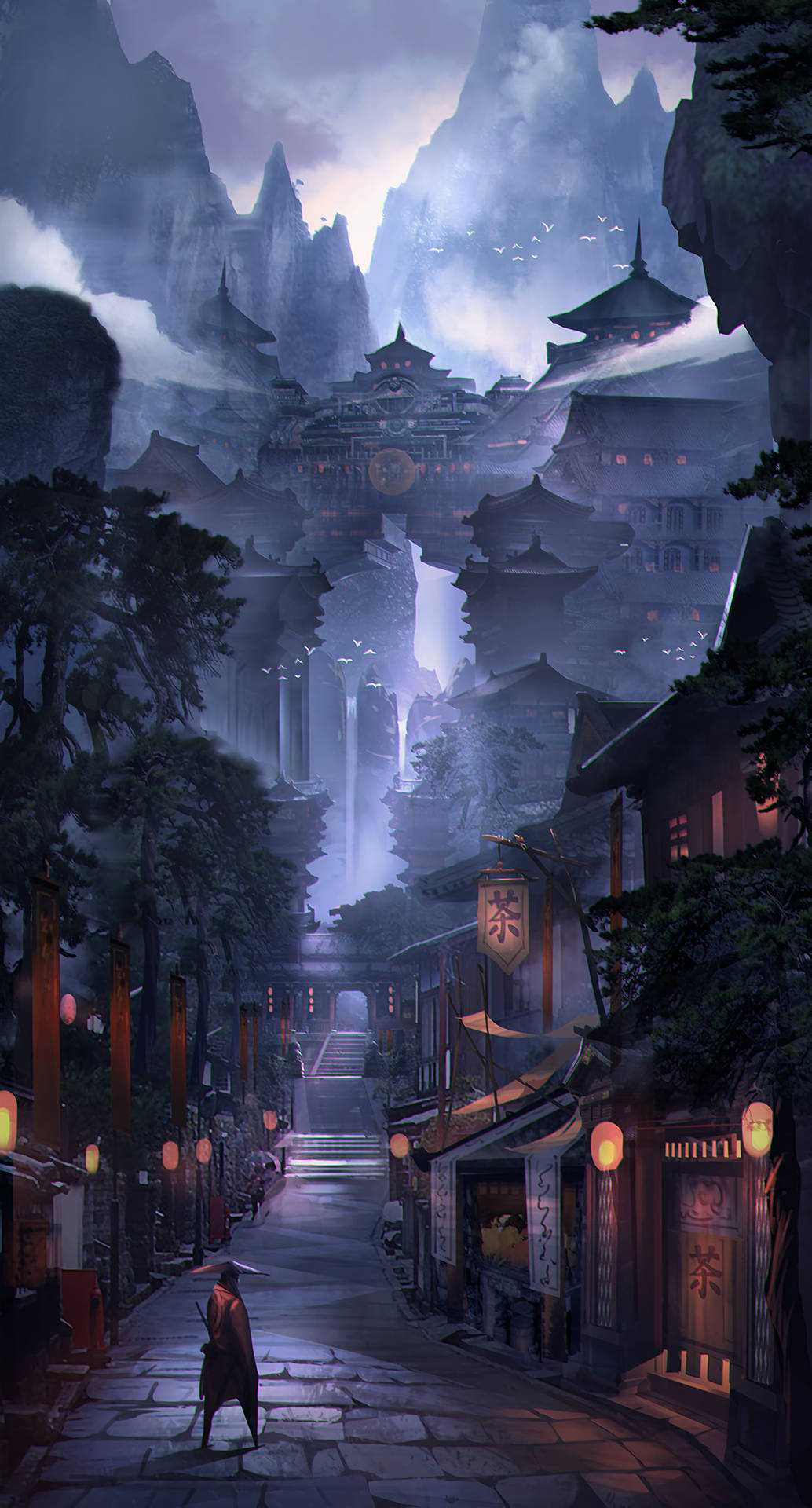 A Lone Samurai Stands In A Historic Japanese Alleyway. Background